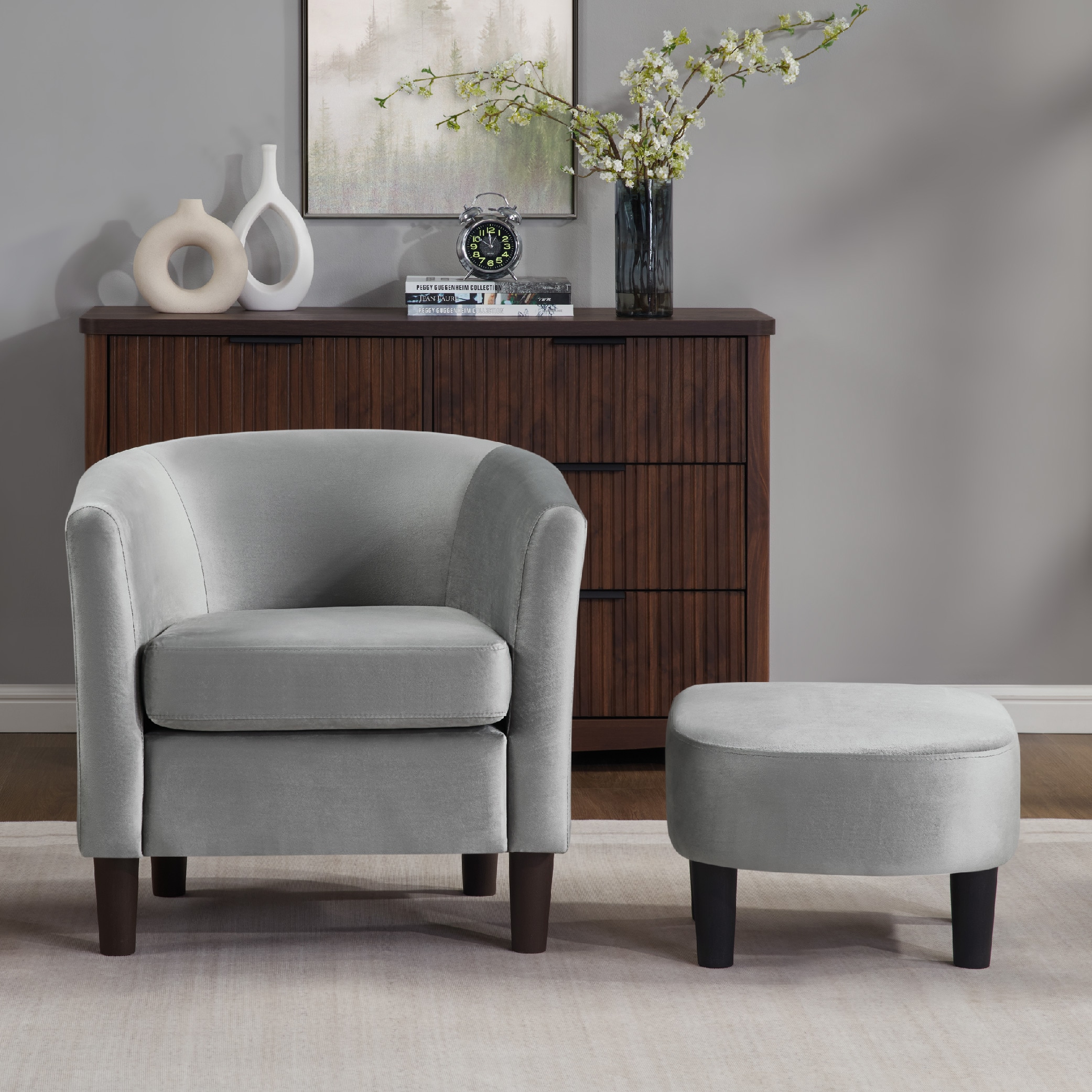 Velvet Accent Chair with Ottoman, Modern Barrel Chair Armchair for Living Room, Bedroom, Gray Velvet Accent Chair with Ottoman, Modern Barrel Chair Armchair for Living Room, Bedroom, Gray